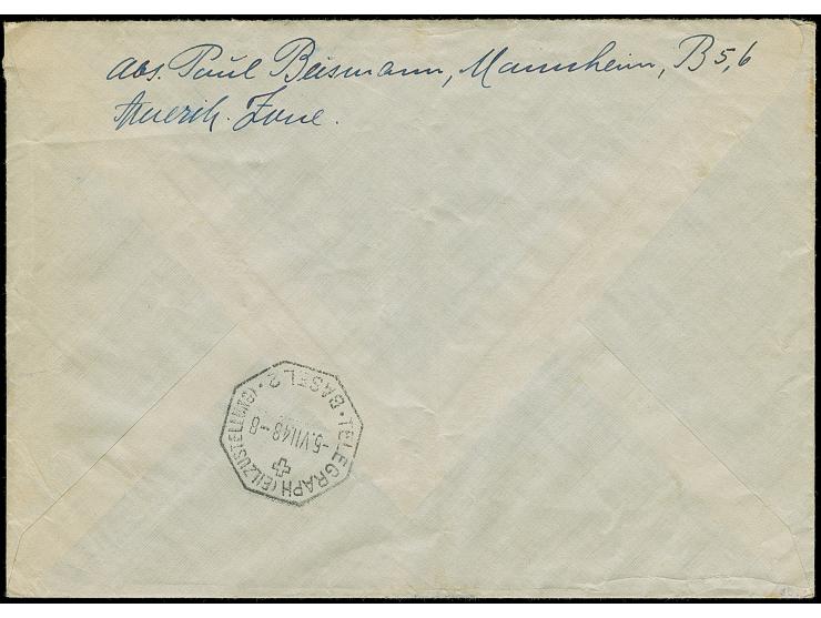 Netz auf Arbeiter 30 Pfg. im waagerechten und senkrechten Paar sowie Einzelmarke je mit Stempel “MANNHEIM 3.7.48” als tarifge