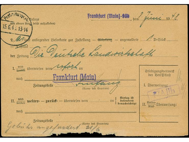 Netz auf Arbeiter 40 Pfg. im senkrechten Paar mit violettem L2 “Frankfurt (M)1 Zeitungsabteilung” als richtig frankierte Gebü