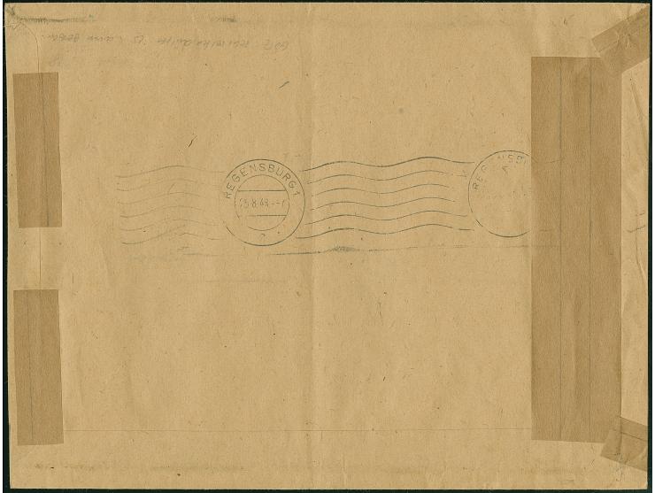 Band auf Arbeiter 25 Pfg. im Viererblock mit Stempel “REGENSBURG 24.8.48” als tarifgerechte Mehrfachfrankatur auf R-Ortsbrief