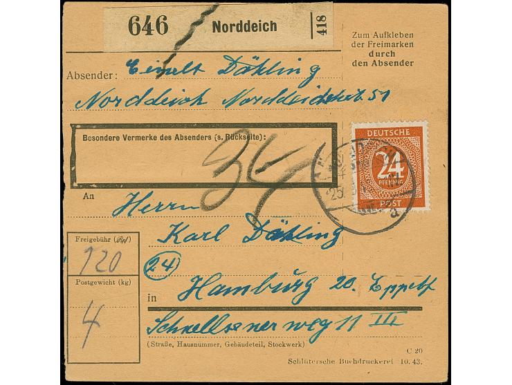 Ziffer 24 Pfg. schwärzlichrötlichorange im senkrechten 4er-Streifen und Einzelwert je mit Stempel “NORDDEICH 25.9.46” vorder-