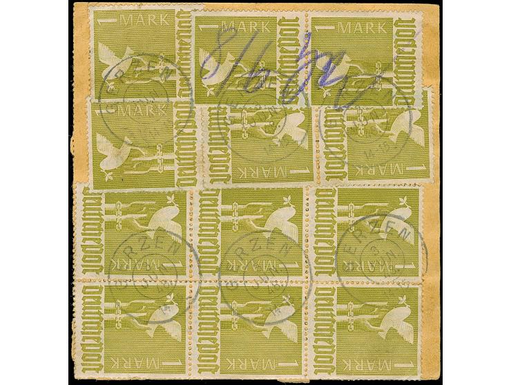 Taube 1 M. im 6er-Block, senkrechten Paar und Dreierstreifen sowie zwei Einzelmarken in Mischfrankatur mit 40 Pfg. und Ziffer