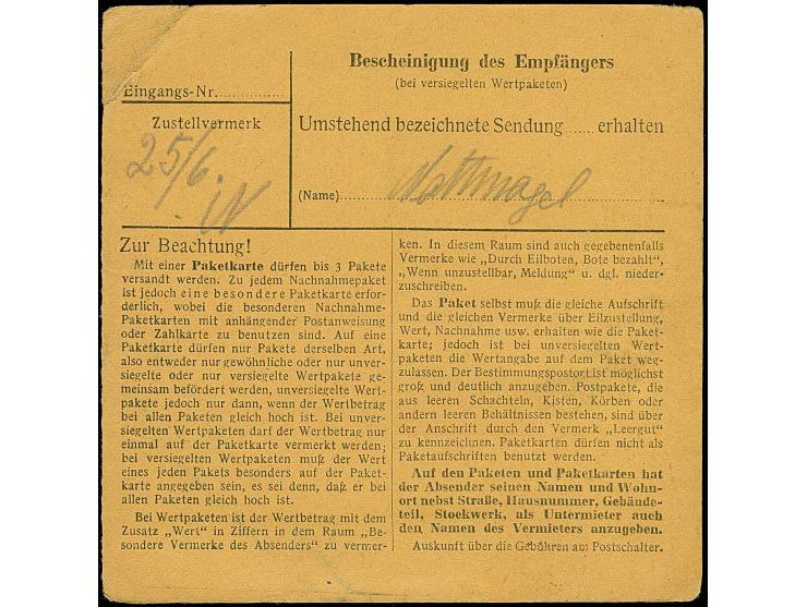 Taube 3 M., zwei Einzelmarken mit Stempel “WUPPERTAL-LANGERFELD 15.6.48” als Mehrfachfrankatur auf Paketkarte nach Darmstadt.