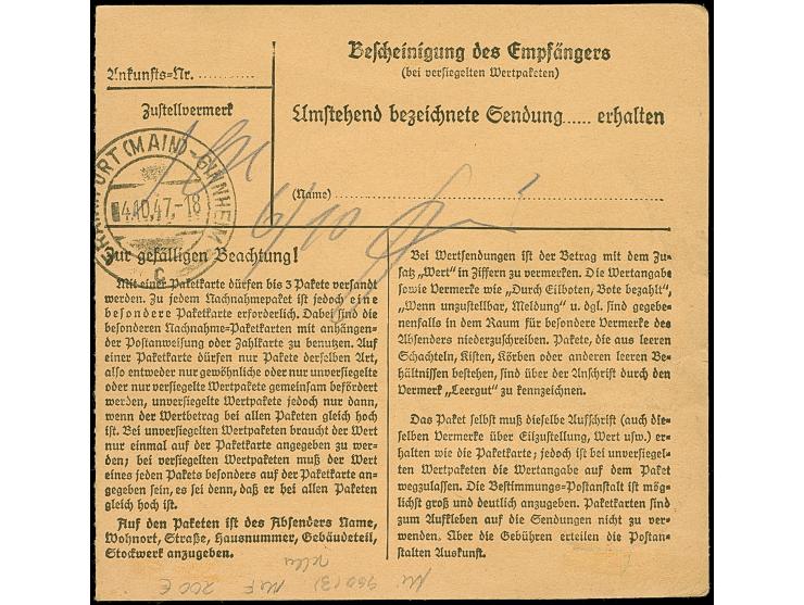 Taube 2 M., drei Einzelmarken mit Stempel “ADELEBSEN über USLAR 2.10.47” als Mehrfachfrankatur auf Paketkarte nach Frankfurt 