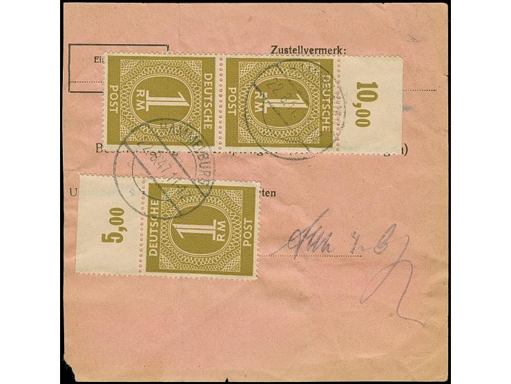 Ziffer 1 M. im senkrechten Oberrandpaar und zwei Einzelmarken (einmal mit durchgezähntem Oberrand) je mit Stempel “HAMMELBURG