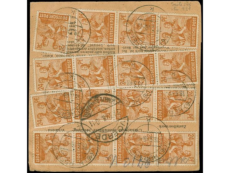 Arbeiter 24 Pfg., 20 Werte mit Stempel “HERSFELD 18.3.48” vorder- und rückseitig auf Paketkarte nach Voerde mit Ankunftsstemp