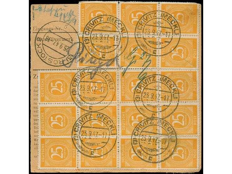 Ziffer 25 Pfg. gelb, 24 Werte mit Stempel “CRIVITZ 23.9.47” vorder- und rückseitig auf Paketkarte nach Rostock mit Ankunftsst