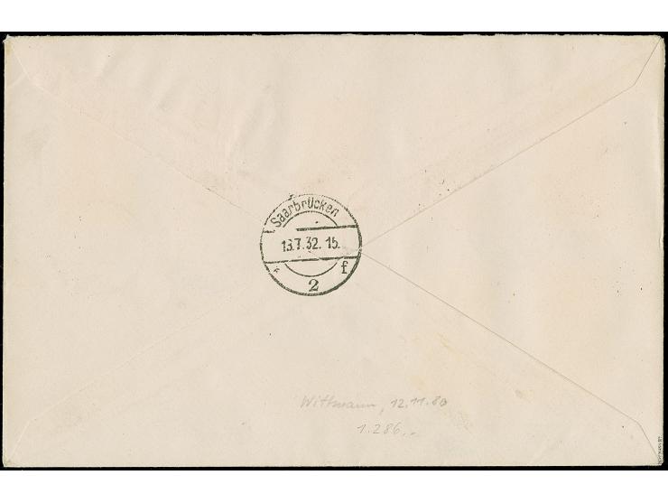 1932, Volkshilfe 40 C.-1 Fr., kpl. je sauber gestempelt “OTTWEILER 13.7.32”, auf R-Brief nach Saarbrücken mit Ankunftsstempel