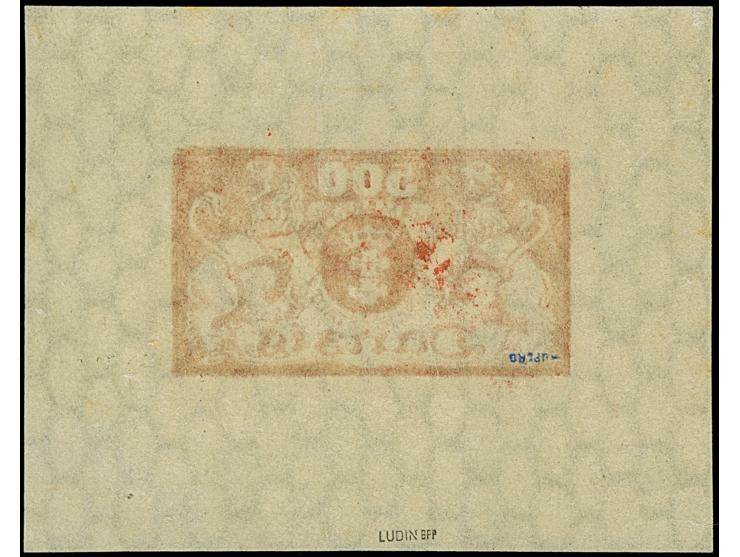 1922, Großes Staatswappen 500 M. grünbronze/rot, Einzelabzug im Kleinbogenformat (68x54mm), stehendes Wasserzeichen, mit Rose