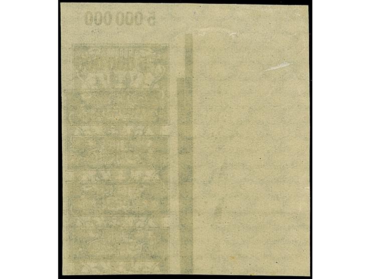 1923, Großes Staatswappen 500000 Mark, ungezähnter senkrechter Dreierstreifen aus der rechten oberen Bogenecke mit gleichstar