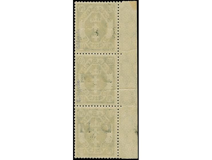 1921, Staatswappen 1,50 Mark, senkrechter Dreierstreifen mit linkem Seitenrand, die obere Marke ohne Aufdruck (nur im Blinddr