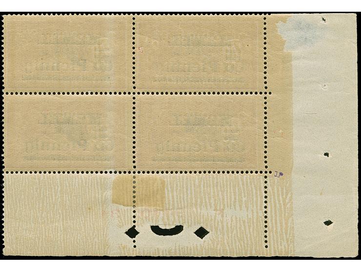 1921, 60 Pfennig &nbsp;auf 40 Centimes mittelkarminrot/grüngrau, Viererblock aus der linken unteren Bogenecke mit komplettem 