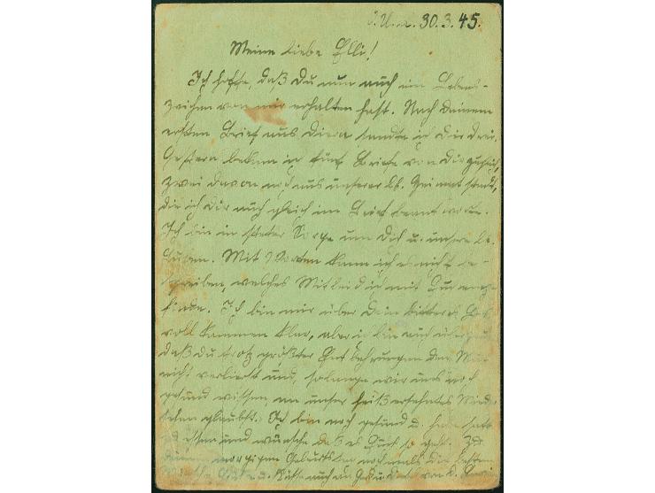 Ostpreussen-Feldpostkarte mit fetter kleiner Inschrift auf grünem Karton, gebraucht mit Normstempel “d 1.4.45” und Absenderve