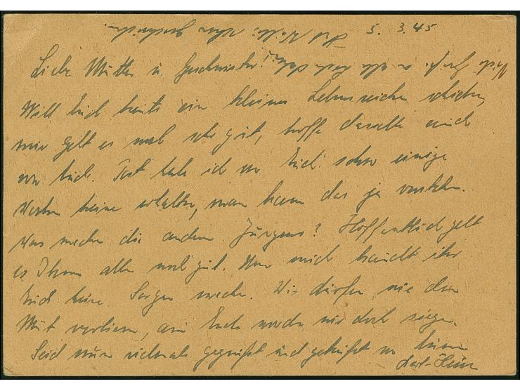 Ostpreussen-Feldpostkarte auf hellbraunem Karton, gebraucht mit Normstempel “d 6.3.45” und Absendervermerk mit Feldpostnummer