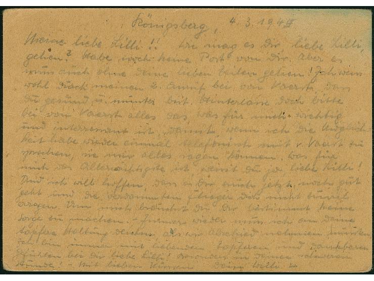 Ostpreussen-Feldpostkarte auf gelbbeigem Karton, gebraucht mit Normstempel “b 6.3.45” und Absendervermerk mit Feldpostnummer 