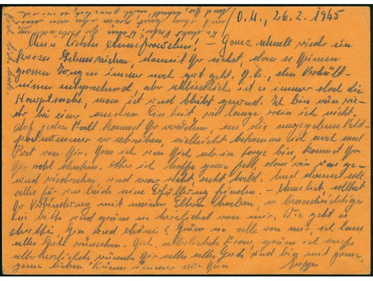 Ostpreussen-Feldpostkarte auf orangem Karton, gebraucht mit Normstempel “b 27.2.45” und Absendervermerk mit Feldpostnummer “0