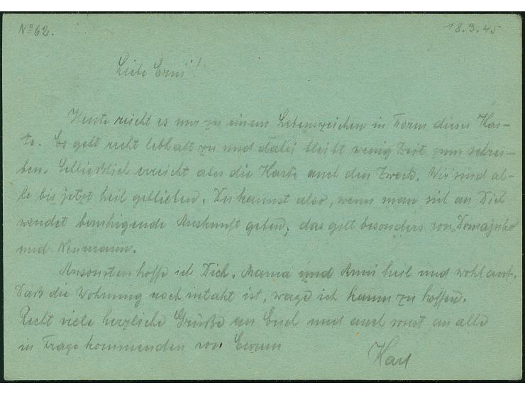 Ostpreussen-Feldpostkarte auf hellgrünem Karton, gebraucht mit Normstempel “d 19.3.45” und Absendervermerk mit Feldpostnummer
