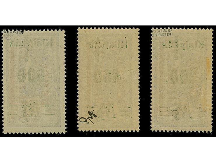 1923, 100-500 M. auf 80 (M) auf 1,25 Mark auf 60 Centime, je mit kopfstehendem Aufdruck, sauber ungebraucht, tadellos. Die Au