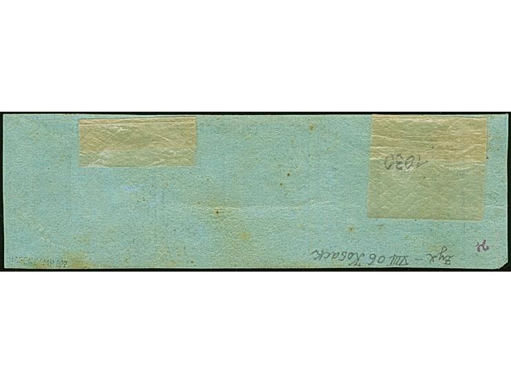 1853, 1 Sgr. a. graublau, waagerechter 3er-Streifen, oben etwas angeschnitten, sonst voll- bis überrandig, links mit ca. 6 mm