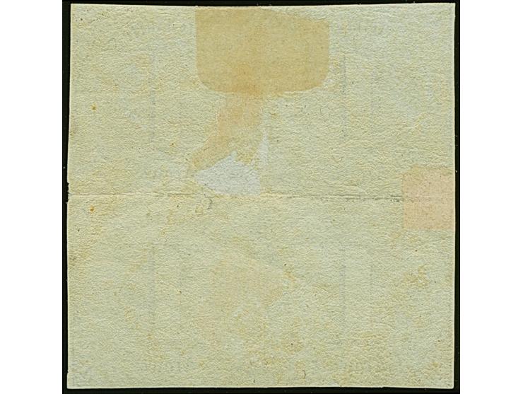 1 Kr. auf olivgrau im 4er-Block, unten links winzig berührt, sonst voll- bis breitrandig und farbfrisch, ungebraucht mit Orig