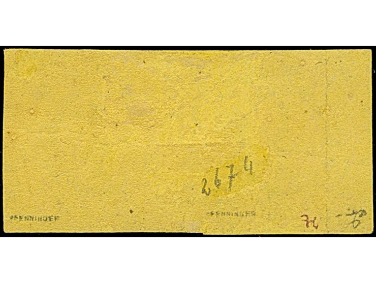 1 Kr. auf olivgrau im 4er-Block, unten links winzig berührt, sonst voll- bis breitrandig und farbfrisch, ungebraucht mit Orig