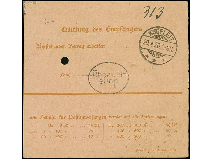 1920, Postanweisungskarte Germania 25 Pfennig gelbbraun mit Nationalversammlung 15 Pfennig (Randklebung) als Zufrankatur mit 