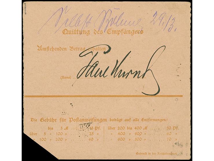 1920, Postanweisungskarte Germania 25 Pfennig gelbbraun mit Germania 35 Pfennig als Zufrankatur mit Stempel "RUSS 20.3.20" na