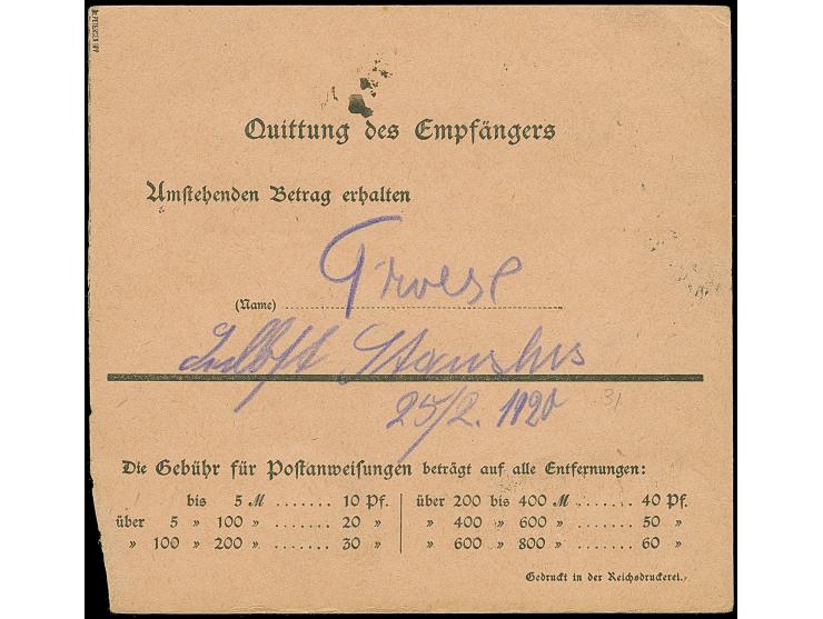 1920, Deutsches Reich Reichspostamt 1 Mark, sauber mit Stempel “HEYDEKRUG 23.2.20” auf Postanweisung nach Brionischken mit An