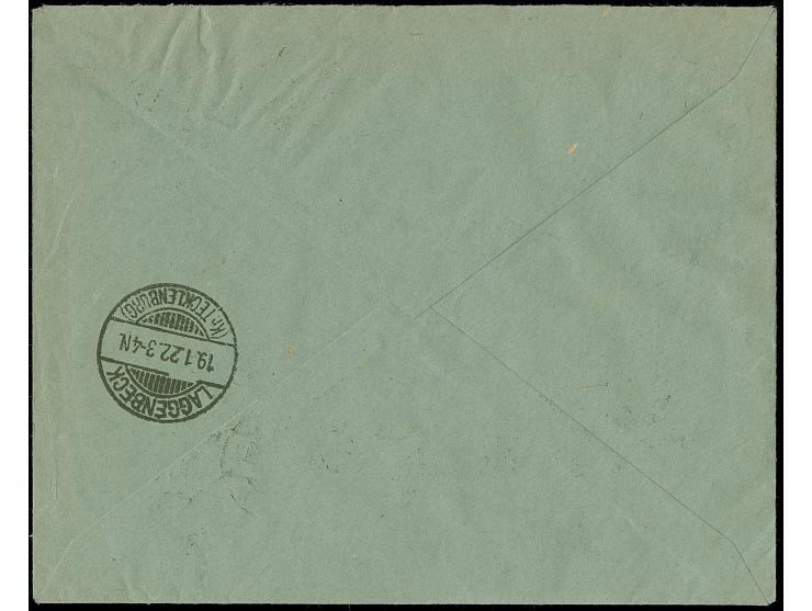 1920, 5 pfennig auf 5 Centimes schwärzlichgraugrün, fetter Aufdruck, waagerechter 5er-Streifen mit Zwischenstegpaar, mit komp