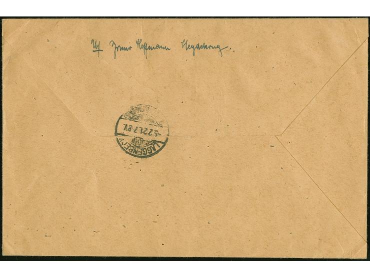 1920, 40 pfennig auf 20 Centimes rotbraun, waagerechter 5er-Streifen aus der linken unteren Bogenecke mit Druckdatum “H 1201 