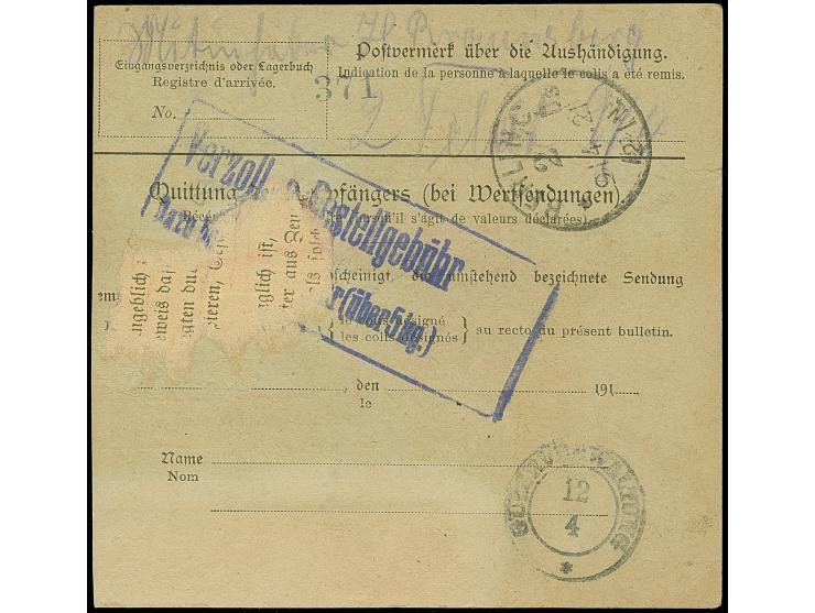 1920, 10 mark auf 5 Franc, sauber mit Korkstempel und nebengesetztem Aufgabestempel “SCHMALLENINGKEN 2.4. 21” auf Paketkarte 