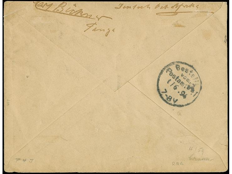 10 P. mit Stempel "TANGA 13/5 94" nach Berlin, hier innerorts nachgesandt, neu frankiert mit Berliner Paketfahrt 1894/95, 2 P