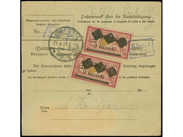 1920, 2 mark auf 1 Franc auf GC-Papier, sauber mit Korkstempel auf Paketkarte von Russ nach Königsberg, die Marke etwas besto