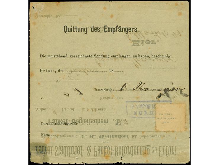 Erfurt-Privat-Stadtbrief-Beförderung: 1888, Wappenzeichnung 15 Pfg. hellblau mit violettem Stempel “ERFURT 15.Aug.88” auf Pak