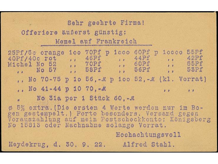 1922, 50 Pfennig auf 50 Centime preußischblau, sauber mit Stempel “HEYDEKRUG 30.9.22” auf portogerechter Drucksachenkarte nac