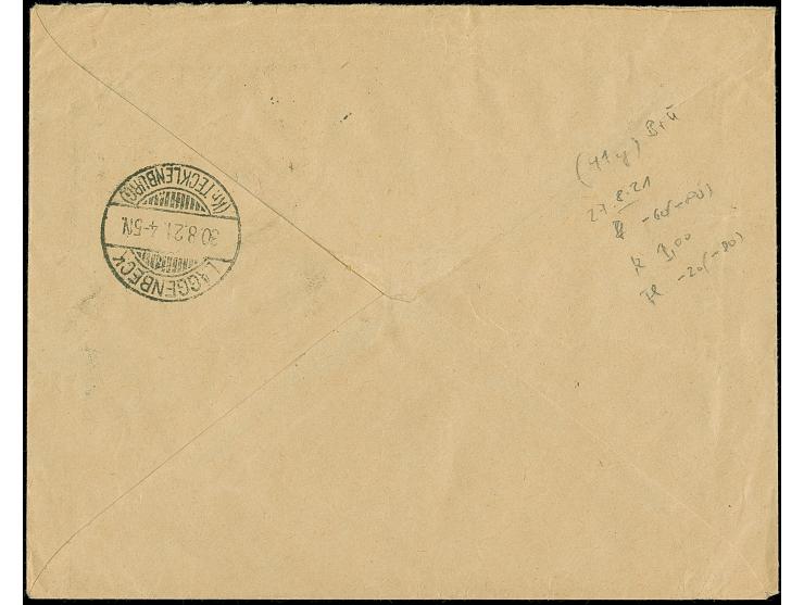 1921, 60 Pfennig auf 40 Centimes, waagerechter Dreierstreifen aus der linken unteren Bogenecke mit Druckdatum “R 102 32” sowi