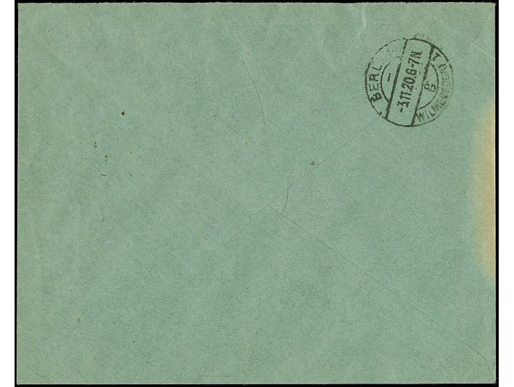 1920, 80 pfennig auf 45 Centime schwärzlicholivgrün mit Zufrankatur mit Stempel "Ruß -1.11.20" auf portogerechtem Eil-R-Brief