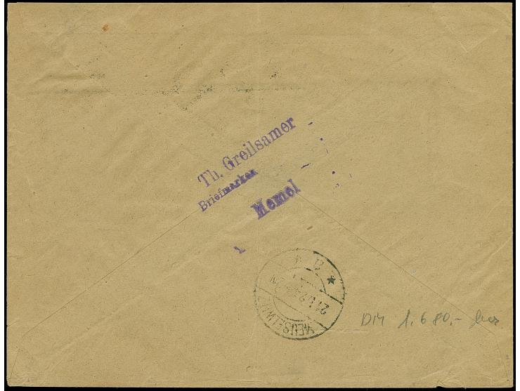 1923, 24-Werte 25 Centu auf 1000 Mark grünlichblau mit Zufrankatur auf portogerechtem R-Brief nach Meuselwitz, 25C. mit zwei 