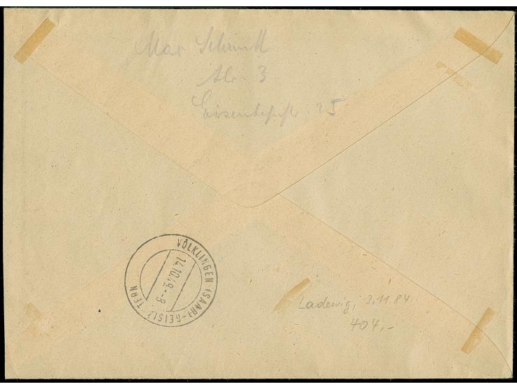 1948, Hochwasserhilfe 5-25 Fr. kpl. auf R-Ortsbrief von “VÖLKLINGEN (SAAR) c 13.10.48” nach Geislautern mit Ankunftsstempel, 