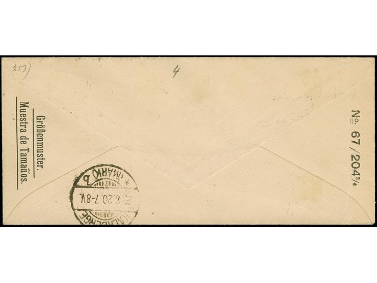 "NEUSTUBBEN (Kr. TILSIT) 26.8.20" mehrfach klar auf zwei senkrechten Paaren 20 pfennig auf 25 Centimes blau sowie 30 pfennig 