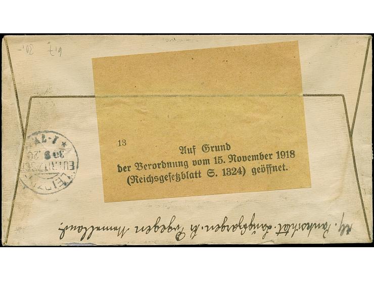 "LAUGSZARGEN * (Kr. TILSIT )* 27.9.20", zweimal typische Abschläge auf Germania 40 und 50 Pfennig auf R-Brief nach Leipzig, d