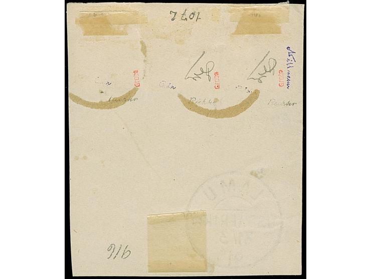 Krone/Adler 3 Pfg. und 2 Stück 5 Pfg. mit Letzttagsstempel "LAMU 6/1 91" auf Briefstück. 3Pfg. mit waagerechtem Bug aufgekleb