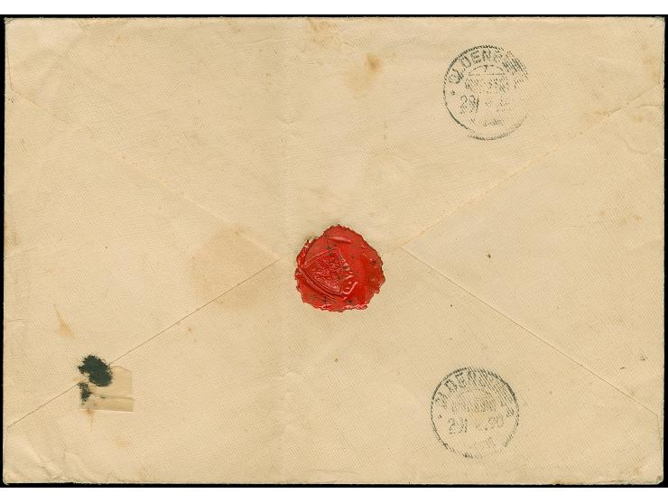 50 Pfg. oliv, 10 Pfg. dunkelrosarot und 20 Pfg. dunkelultramarin, alle farbfrisch und einzeln entwertet "LAMU 9/12 90" auf Le