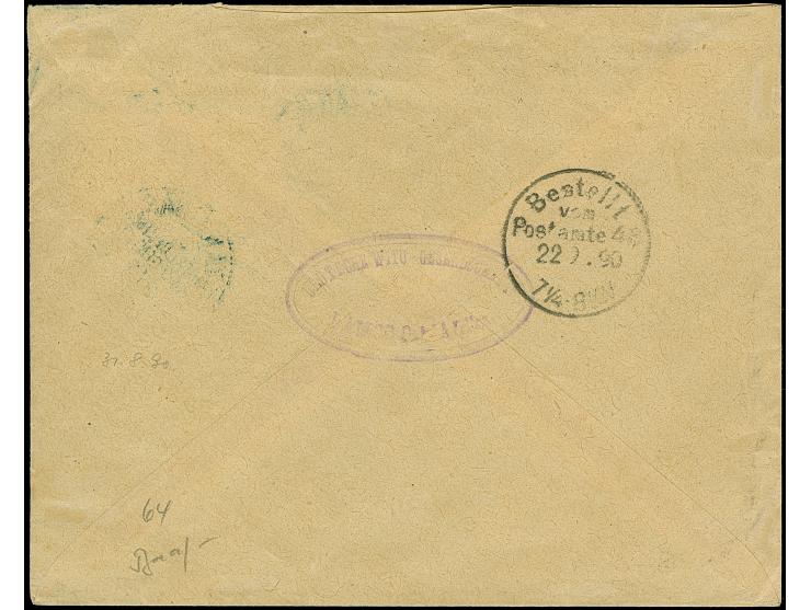 20 Pfg. dunkelultramarin, 2 Einzelwerte, einzeln entwertet "LAMU 25/8 90" auf Brief der 2.Gewichtsstufe an die Witu-Gesellsch