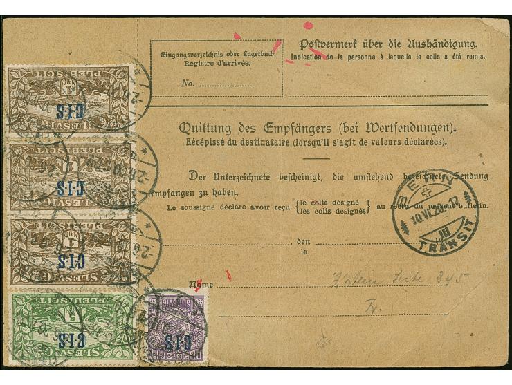 1920, CIS 10 Mark, 5 Mark, 3 Stück 1 Mark und 2 Stück 40 Pfennig, sauber mit Stempel "FLENSBURG 1a 2.6.20" vorder- und rückse