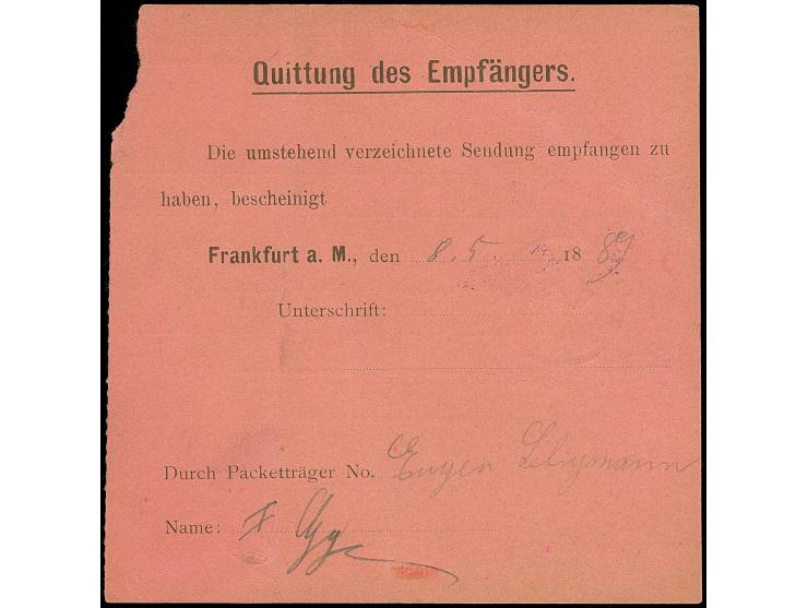 Drucksachen &amp; Circular-Beförderung: 1889, Ganzsachen-Packet-Belgeitschein 15 Pfg. auf graurotem Karton gebraucht mit viol