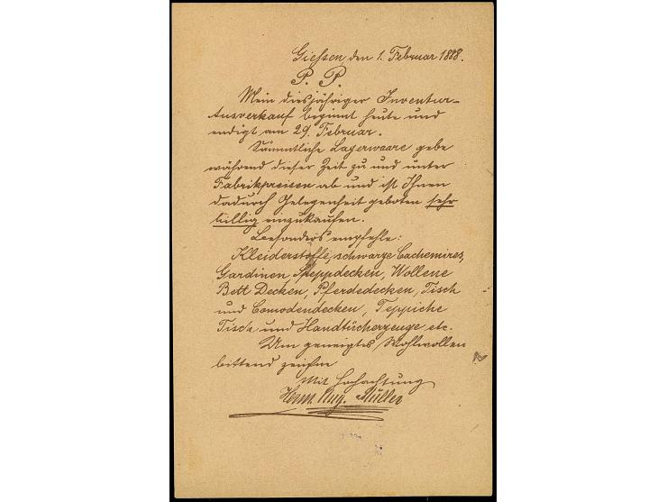 1888, Ganzsachenkarte auf Privat-Bestellung 2 Pfg. mit Zudruck der Firma “Herm.Aug.Müller GIESSEN” gebraucht mit violettem L4