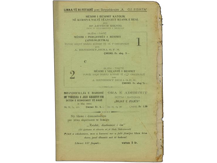 1943, 1 auf 3 Qind sowie 1 Qind, sauber mit Stempel “TIRANA 21.5.44” auf Zeitschrift “Zani i Shna Ndout” (=Die Stimme des Hei