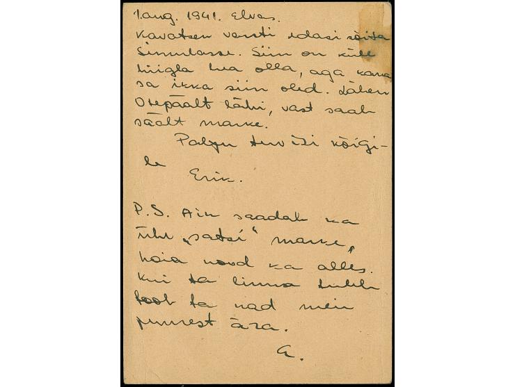 Ganszachenkarte 20 Kopeken mit 5-30 Kopeken als Zufrankatur, sauber ab “ELVA -2 VIII 41” nach Tartu mit vorderseitigem Ankunf