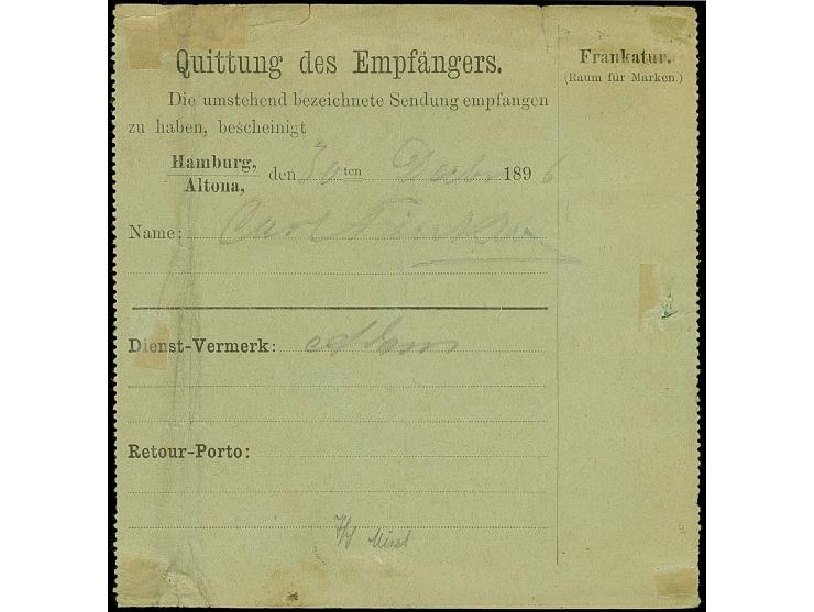 Hamburg-Altoner Packetfahrt: 1896, 15 Pfg. graulila im senkrechten Paar mit violettem Rahmstempel “Packetfahrt Crell &amp; Co