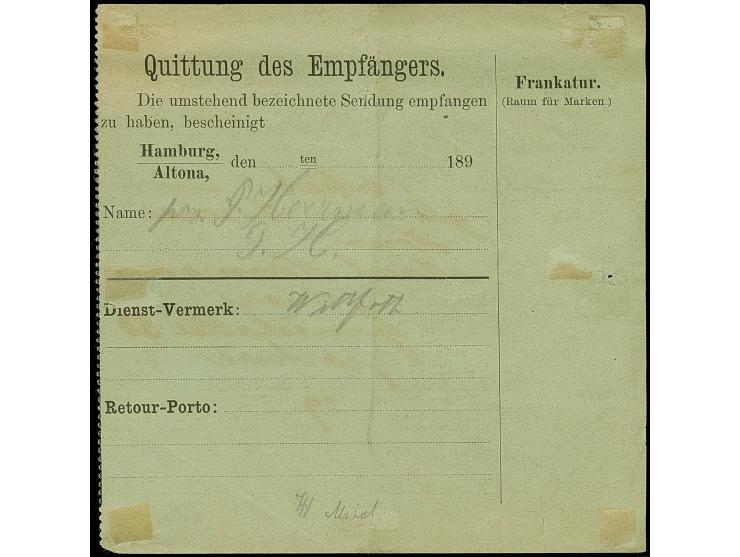 Hamburg-Altoner Packetfahrt: 1896, 20 Pfg. blau im senkrechten Paar mit violettem Rahmstempel “Packetfahrt Crell &amp; Co. 29